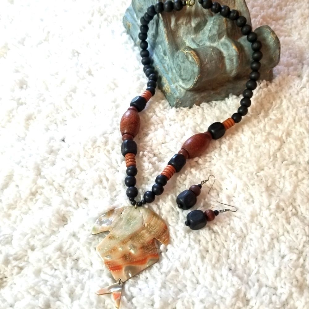 Wood Bead Necklace + Earring Set